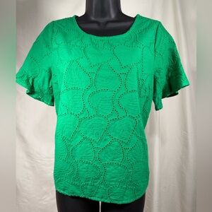 Skies Are Blue Blouse Women sz:S Green Leaves Eyelet Lined Cottagecore Feminine